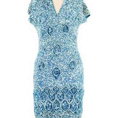 1960s Turquoise Sequin Knit Mini Dress