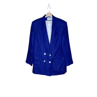 Vintage 80's International Scene Cobalt Blue Purple Linen Double Breasted Blazer Jacket, Size 13/14 