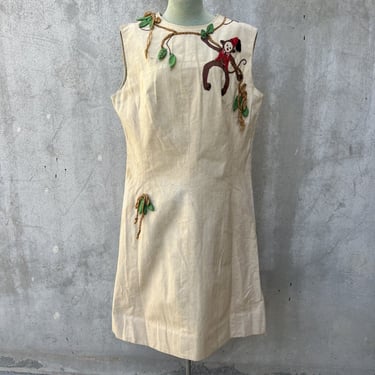Vintage 1960s Monkey Animal Appliqué Sleeveless Dress Cream Linen Embroidery