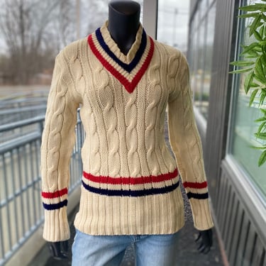 The KANDAHAR by Bert Charon Vintage V-Neck Virgin Wool Varsity Sweater - Size Small Preppy 1950s 50s Ivory Ivy League Sports Pullover 