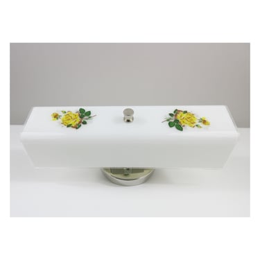 Mid Century Vanity Shade with New Satin Nickel Fixture - 14" Wide - Frosted with Yellow Roses - 2 Bulb - Ready to Hang 