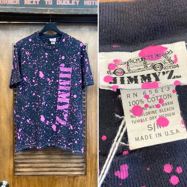 Vintage 1980’s Vintage “Jimmy’z” Black x Pink Paint Spot Surf Skate Cotton Tee Shirt, 80’s T Shirt, 80’s Splatter Print, Vintage Clothing 