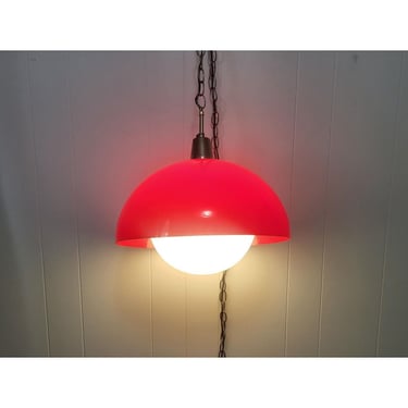 1960s Vintage Space Age Swag Lamp, Mid Century Red Mushroom Hanging Light, Danish Modern Pendant, Chain Link Ceiling Light, Retro Home Decor 