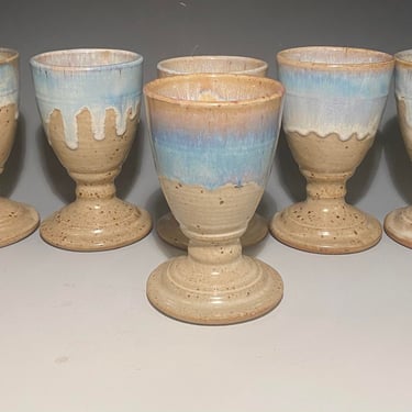 Set of 6 Handmade Stoneware Pottery Wine Glasses- signed 