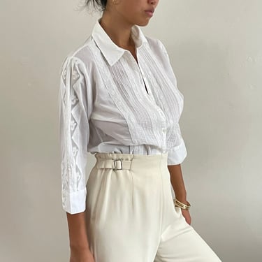 90s cotton batiste blouse / vintage white cotton batiste pin tuck + lace collared semi sheer blouse | Medium 