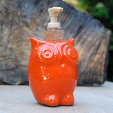 Ceramic Owl Soap dispenser in bright orange 