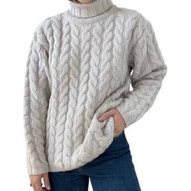 LL Bean Womens Gray Cable Knit Fisherman Wool Alpaca Turtleneck Soft Sweater M 