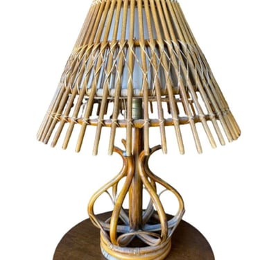 Restored Modernist Stacked Stick Reed Rattan Organic Table Lamp, w/ Stick Rattan Shade 