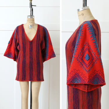 vintage 1970s boho sweater • red & turquoise blue space-dye acrylic tunic with bell sleeves 