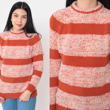 Orange Striped Sweater 70s Flecked Space Dye Knit Pullover Sweater Mock Neck Raglan Sleeve Retro Mockneck Fall Acrylic Vintage 1970s Medium 