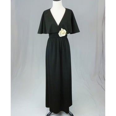 70s Long Black Party Dress - Cape Collar & Flower Detail - Joan Leslie for Kasper - Vintage 1960s - S 