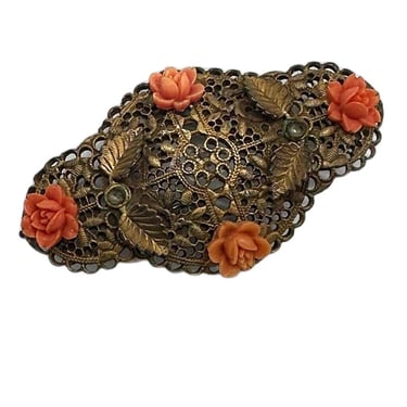 1940s Coral Celluloid Floral & Cabochons Filigree Brooch Pin 