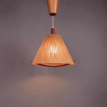 1960s Temde German Pendant Light | Mid-Century Hanging Lamp | Teak & String Ceiling Lamp | Scandinavian Vintage Lighting 