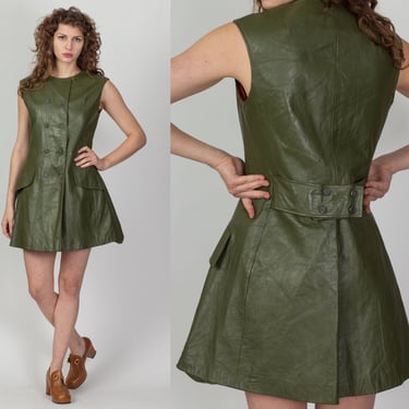 60s Lane Bryant Green Leather Mini Wrap Dress - Medium | Vintage Double Breasted Sleeveless Dress 
