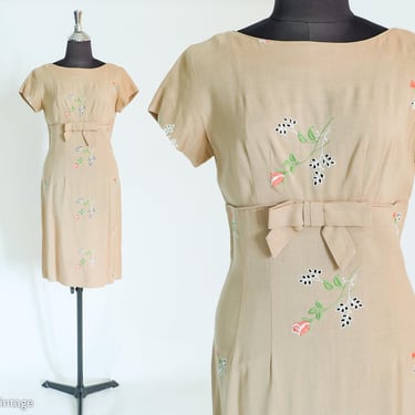 1950s Tan Embroidery Flower Dress| 50s Beige Linen Sheath Dress | A Dress Town Original | Medium 