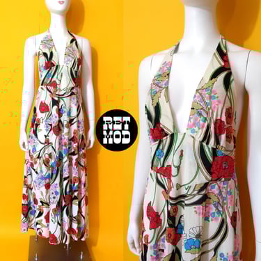 Fabulous Vintage 70s Red Blue Pink Flower Power Sexy Halter Maxi Dress 