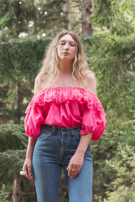 70s Pink Off the Shoulder Lace Peasant Blouse, Vintage