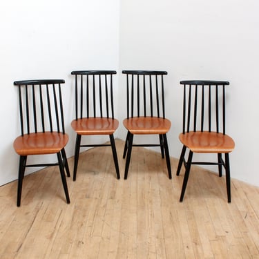 Ilmari Tapiovaara Fanett Dining Chairs Scandinavian Danish Modern Spindle Teak Bentwood Set 4 Chairs 