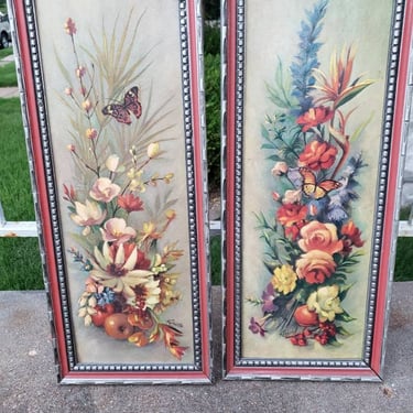 Pair vintage framed flowers and butterflies wall decor MCM home decor Springtime decorations 