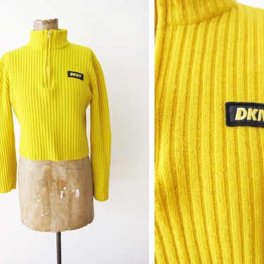 Vintage 2000 DKNY Bright Yellow Ribbed Crop Sweater S - Y2K Zip Mock Tall Neck Jumper - Spell Out Brand - 