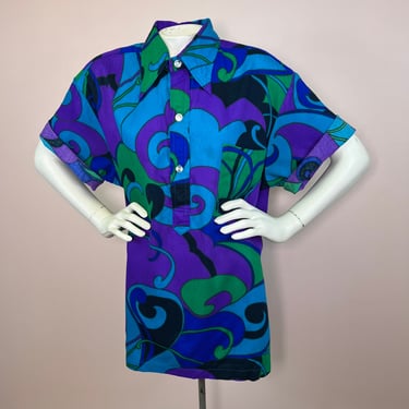 Vtg 60s 70s psychedelic dagger collar Hawaiian blouse 