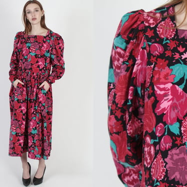 Laura Ashley Designer Dress, Rose Pink Corduroy Dress, Vintage 80s Floral Cord Garden Maxi Dress Size US 14 UK 16 