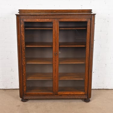 Antique Victorian Carved Oak Glass Front Double Bookcase, Circa 1900