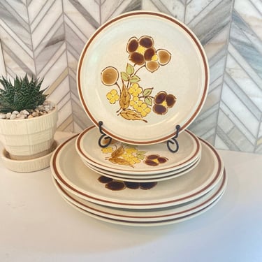 Floral Expressions Foilage Dinner and Salad Plates, Listed Separately, Hearthside Stoneware, Retro Brown Yellow Flower Plate, Vintage Plates 