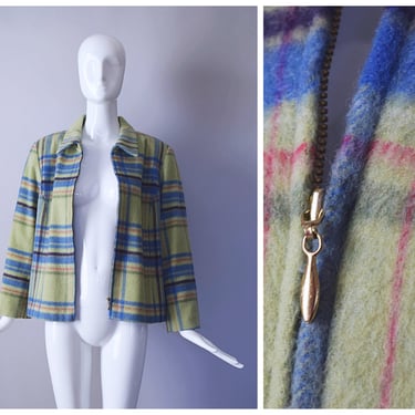 Vintage 1990s Requirements Light Green Plaid Flannel Zip Up Jacket | retro 90s Y2K 2000s | 