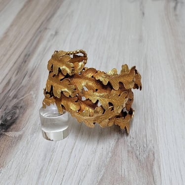Vintage Dominique Aurientis Gold Oak Leaf Cuff Bracelet - Fine French Costume Jewelry 