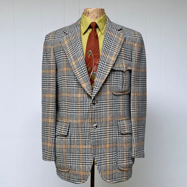 Vintage 1970s Bespoke Wool Sport Coat, Hunter Green/Beige/White Glen Plaid Custom 1972 Blazer, Size 42 R 