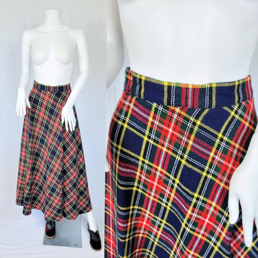 1970's Blue Red Plaid Wool Long A-Line Maxi Skirt I Sz Med 
