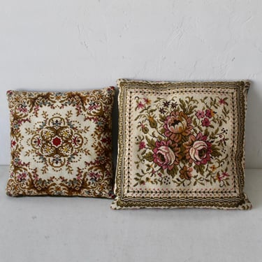 Botanical Pattern Needlepoint Square Pillows Vintage-a pair 