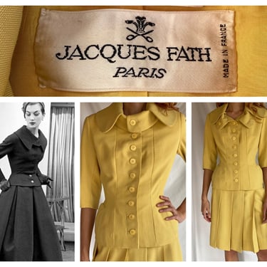 RARE 1950's Jacques Fath Suit / Haute Couture Fifties New Look Pale Yellow Linen Suit / Designer Sportswear / High Fashion Couturier 