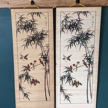 Pair of Vintage Asian Bamboo Hanging Scrolls with Birds on Bamboo Tree 