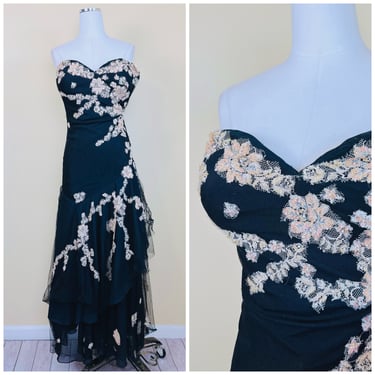 Y2K Vintage Cassandra Stone Romantic Lace Strapless Gown / Sweetheart Asymmetrical Tulle Ruffled Floral Black and Cream Dress / XS 