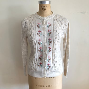 Cream Pointelle Cardigan with Floral Embroidery - 1980s 