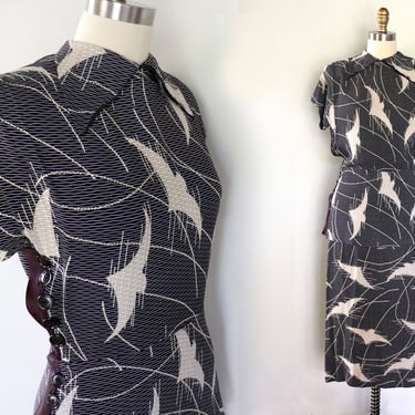 RESERVED on HOLD Vintage 1940s Graphic Abstract Novelty Print Rayon Dress 