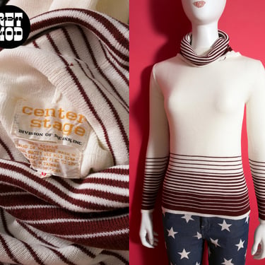 Chic Vintage 70s Maroon & White Stripe Turtleneck Sweater by Center Stage 