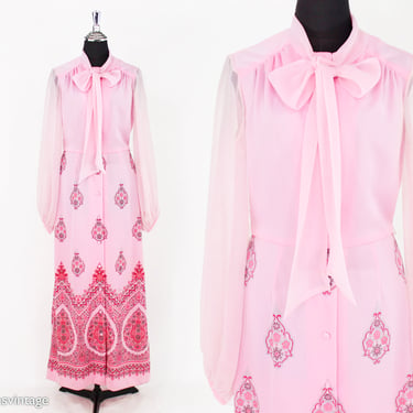 1970s Pink Border Print Maxi Dress | Pink Maxi Dress | Alfred Shaheen | Medium 