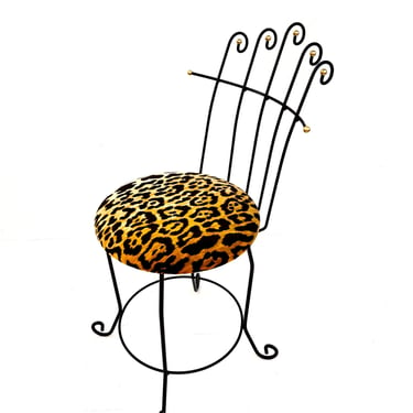 VTG Hollywood Regency Vanity Chair | High Back + Leopard Velvet Upholstery || Glam Black & Gold Metal Mid-Century Accent/Boudoir Chair 