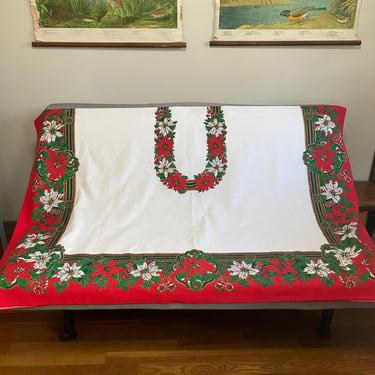 Christmas poinsettia tablecloth - 62x84 - vintage 1980s table linen 