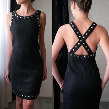 Vintage 80s ANNE KLEIN Black Linen Dress w/ Oversized Silver Stud Cross Back Straps | Made in USA | 1980s Designer Little Black Dress Dress 