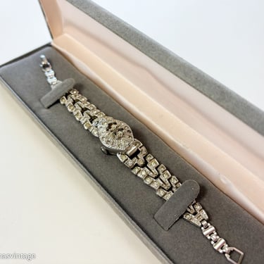 1930s Vintage Silver Rhinestone Watch | 30s Silver Rhodium Evening Watch | Princeton 