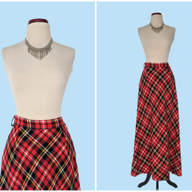 Vintage 70s Red Plaid Boho Maxi Skirt, 1970s Bias Cut Wool Plaid A-Line Long Skirt 