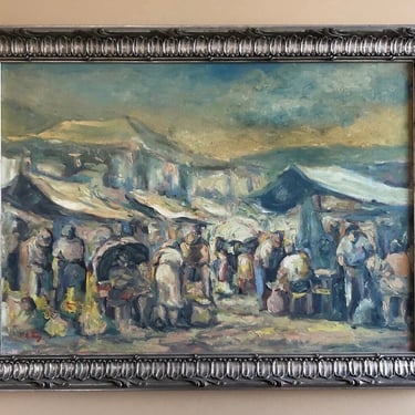 Vintage Oil Painting, Miguel Angel Paez, Farmers Market, Colombia 