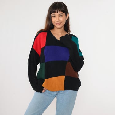 80s Color Block Sweater Black Knit Sweater V Neck Sweater Pullover Indigo Red Teal Mustard Slouch 1980s Jumper Vintage Retro Plus Size 2xl 