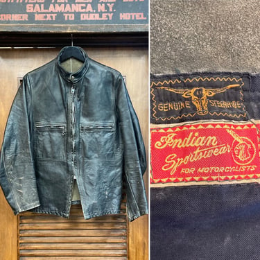 Vintage 1950’s Indian Motorcycle Steer-Hide Cafe Racer Leather Jacket, 50’s Leather Cafe Racer Jacket, Vintage Biker, Vintage Clothing 