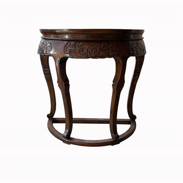 Vintage Chinese Brown Flower Carving Wood Half Round Pedestal Table cs7592E 
