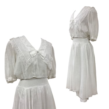 Vtg Vintage 1980s 80s Does 40s 40s Style Sailor White Bow Bib Collar Sun Dress 